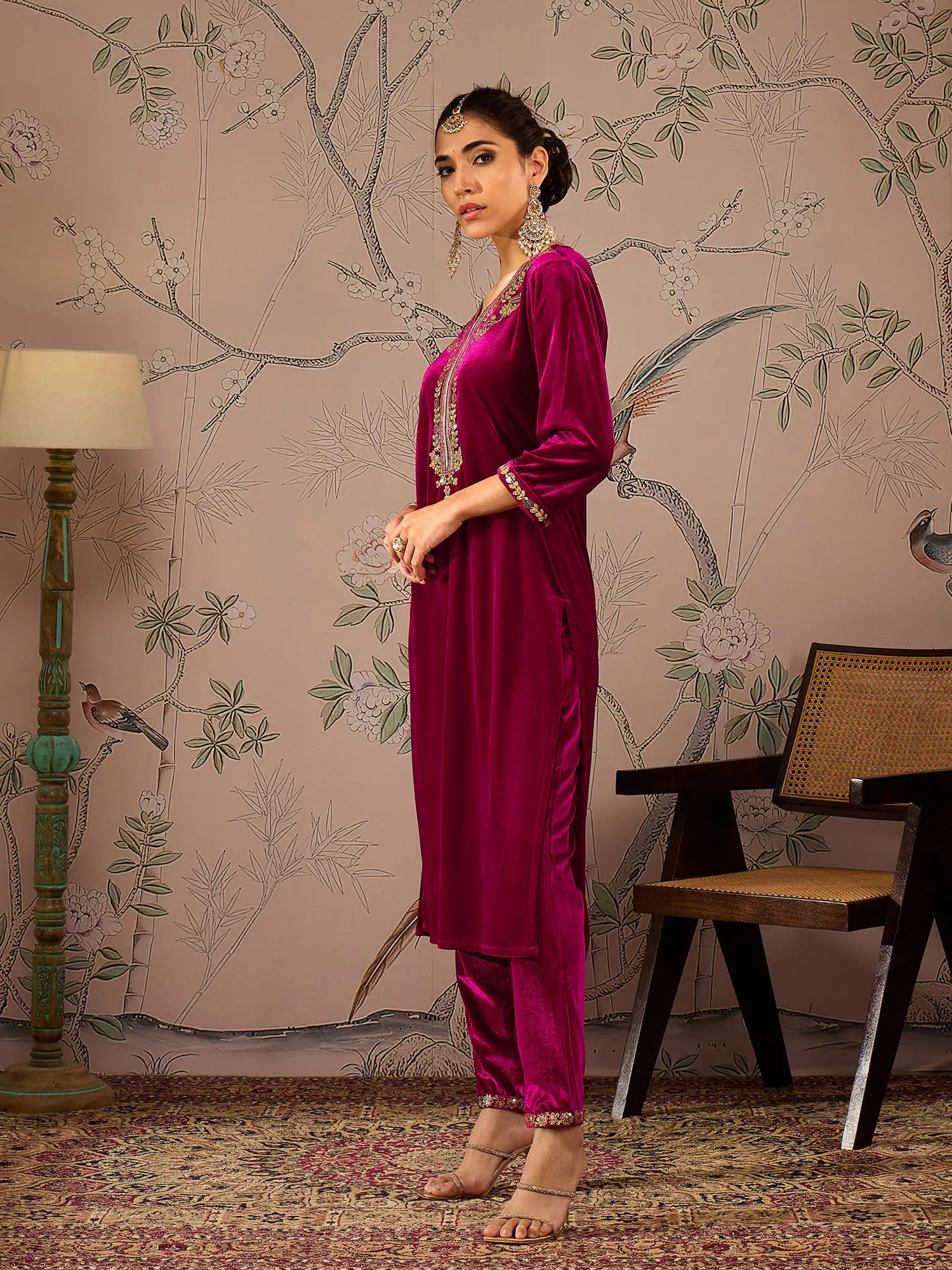 Fuchsia Velvet Embroidered Women's Kurta Set | Designer Kurta