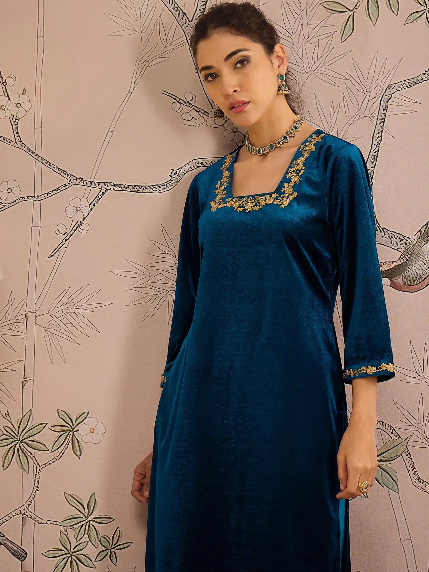 Teal Velvet Indian Kurta | Embroidered Kurtas for Ladies Online Teal Velvet Indian Kurta | Embroidered Kurtas for Ladies Online
