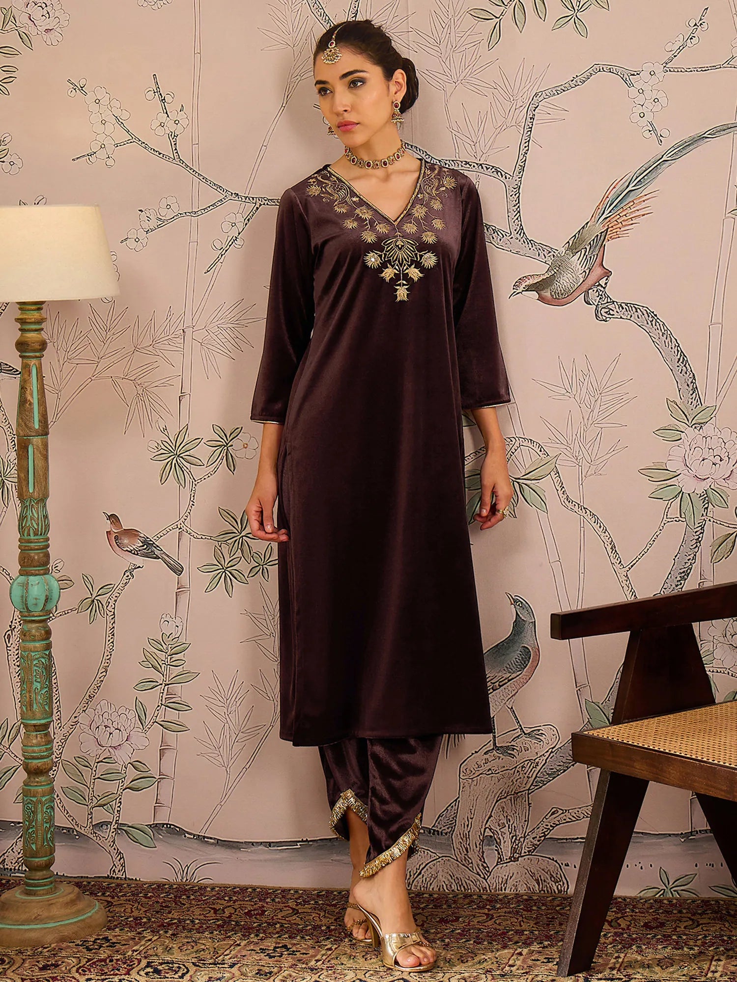 Brown Velvet Embroidered Kurta | Women's Indian Kurtas Online