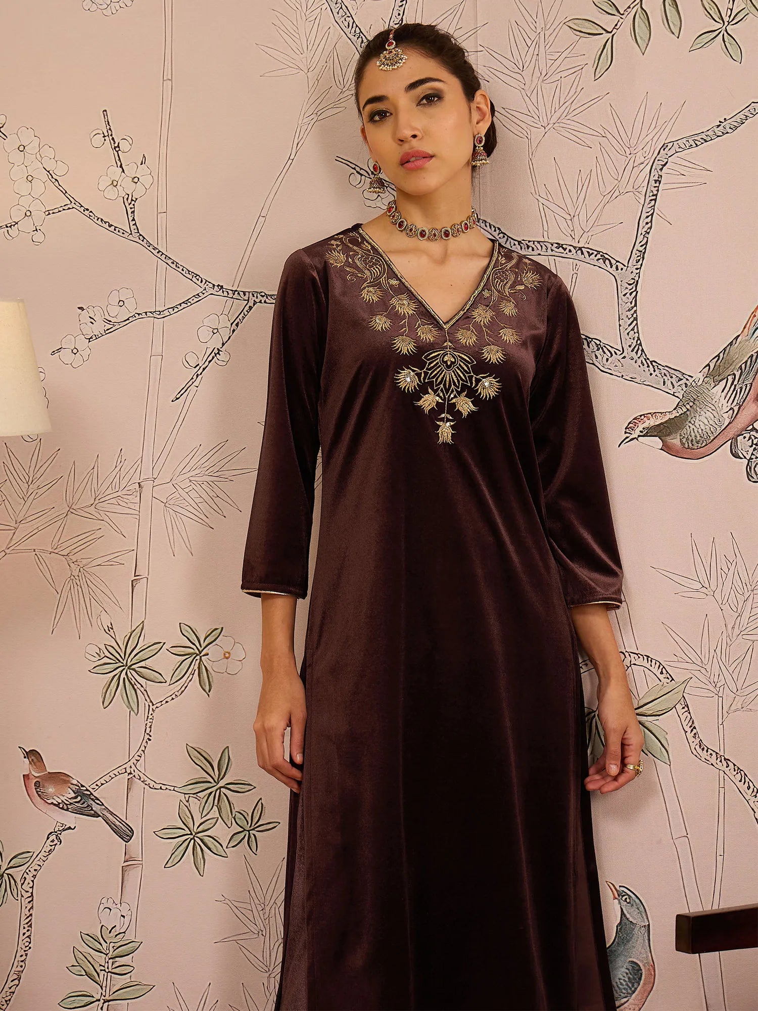 Brown Velvet Embroidered Kurta | Women's Indian Kurtas Online