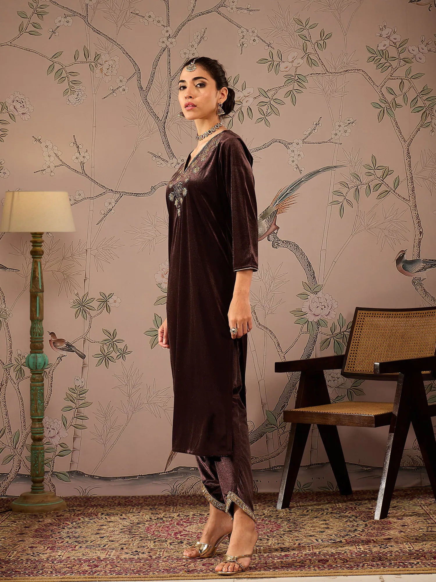 Brown Velvet Embroidered Kurta | Women's Indian Kurtas Online