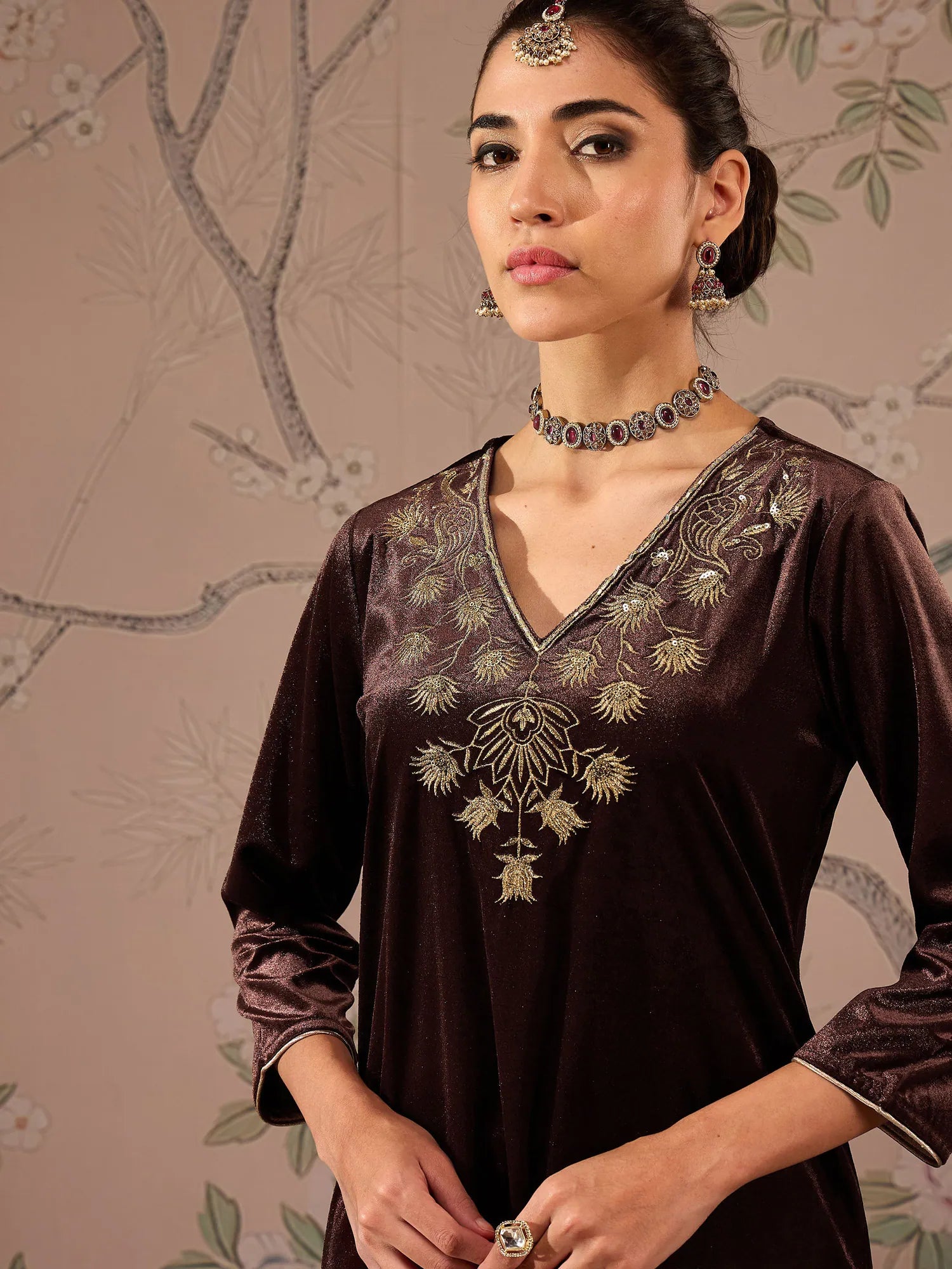 Brown Velvet Embroidered Kurta | Women's Indian Kurtas Online
