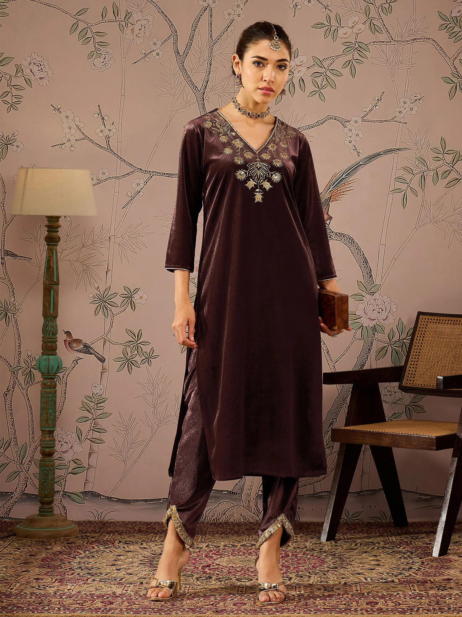 Brown Velvet Embroidered Women's Kurta Set | Indian Kurta Sets