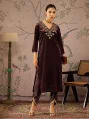Women Brown Velvet V Neck Embroidered Kurta With Tulip Pants-SHKUR00464_SHPAN50985