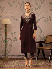 Women Brown Velvet V Neck Embroidered Kurta With Tulip Pants-SHKUR00464_SHPAN50985