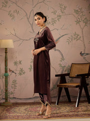 Women Brown Velvet V Neck Embroidered Kurta With Tulip Pants-SHKUR00464_SHPAN50985