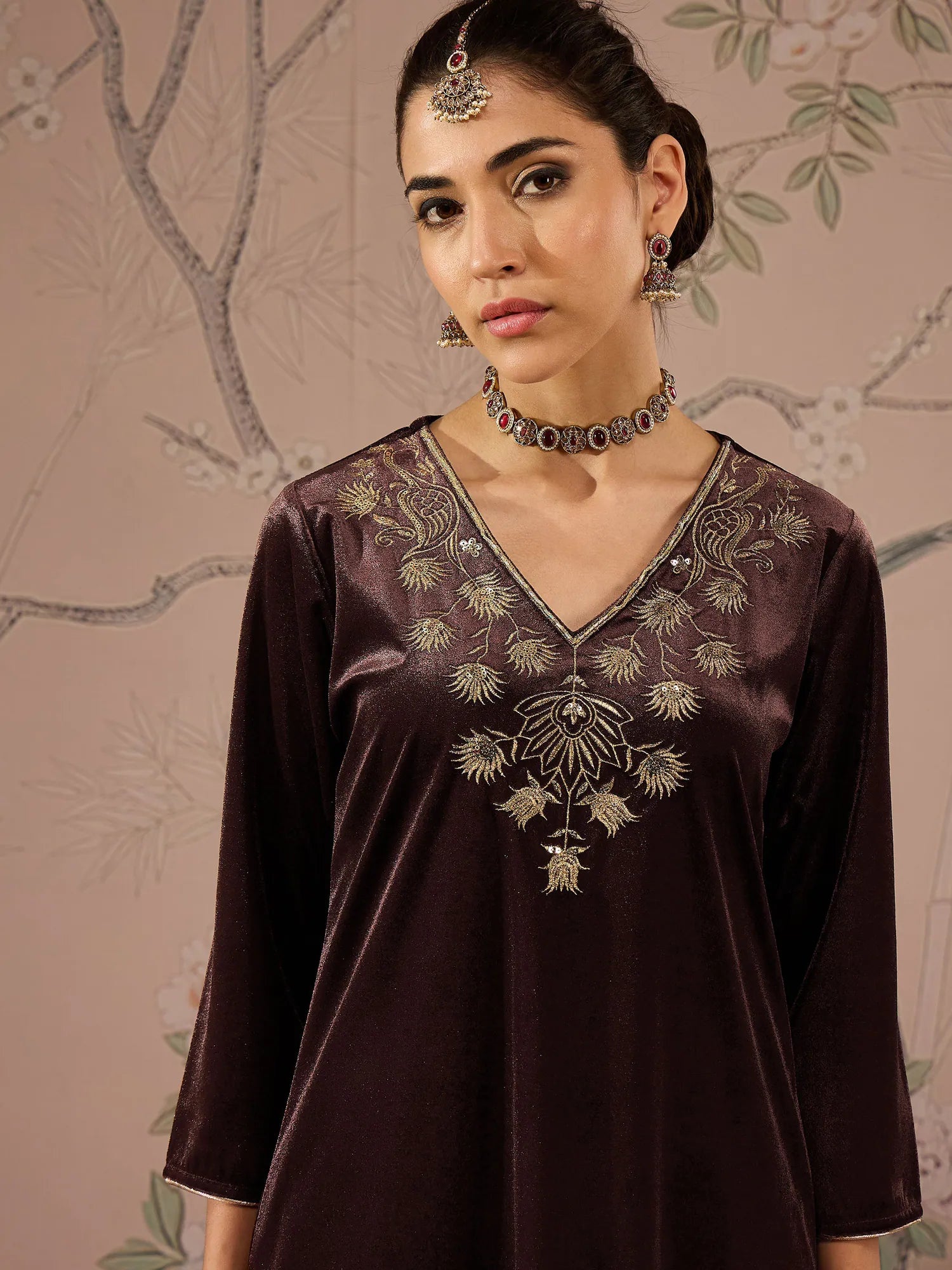 Brown Velvet Embroidered Women's Kurta Set | Indian Kurta Sets