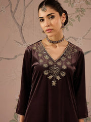 Women Brown Velvet V Neck Embroidered Kurta With Tulip Pants-SHKUR00464_SHPAN50985