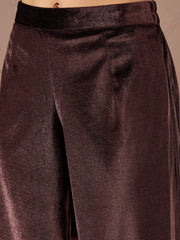 Women Brown Velvet V Neck Embroidered Kurta With Tulip Pants-SHKUR00464_SHPAN50985
