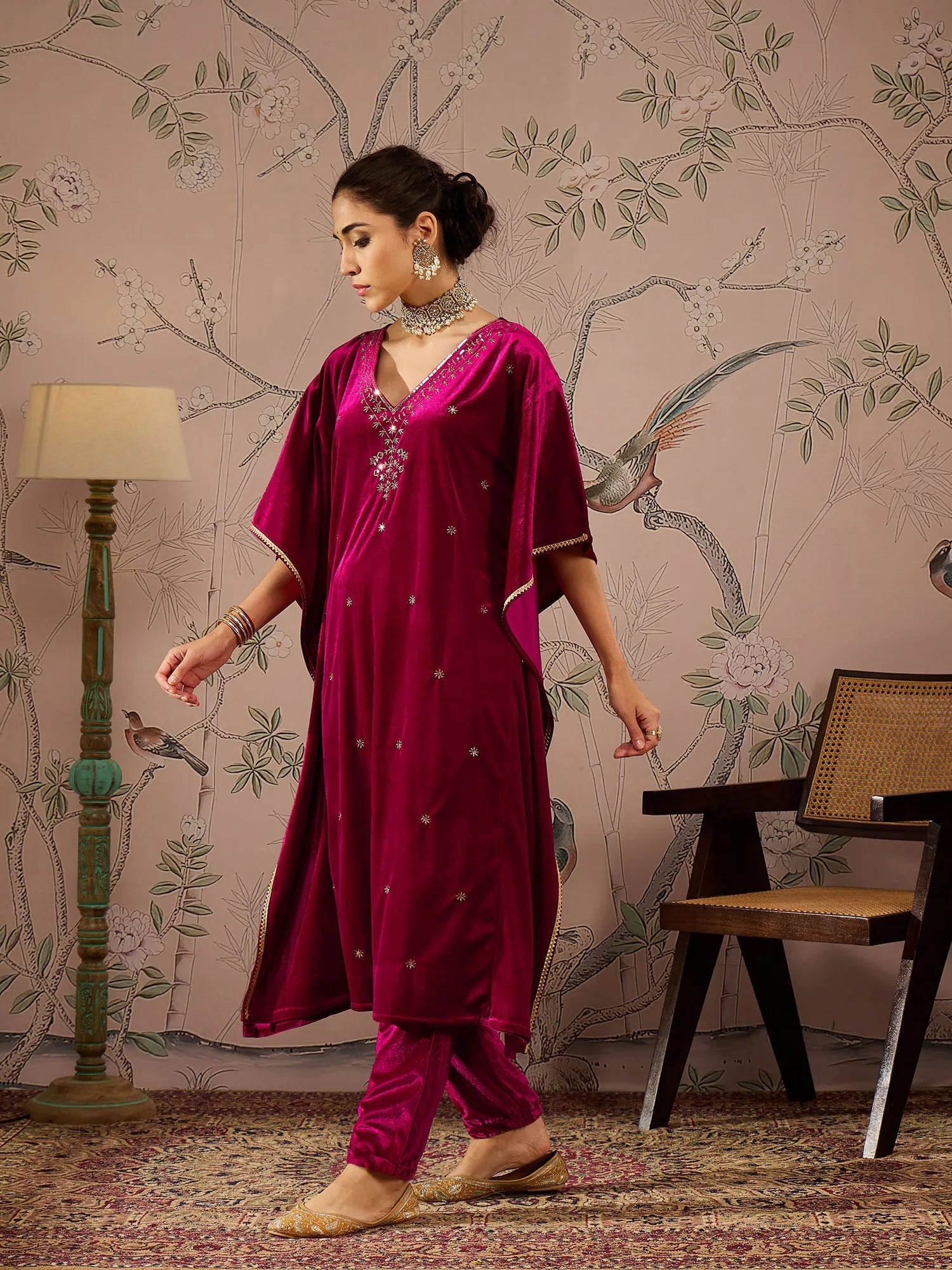 Fuchsia Velvet Embroidered Kaftan Kurta Set | Indian Kurta Sets