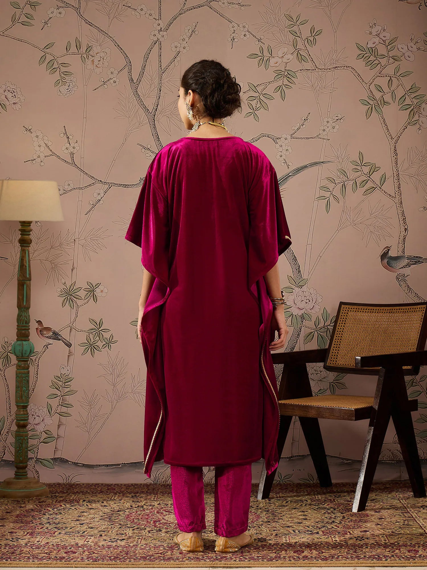 Fuchsia Velvet Embroidered Kaftan Kurta Set | Indian Kurta Sets