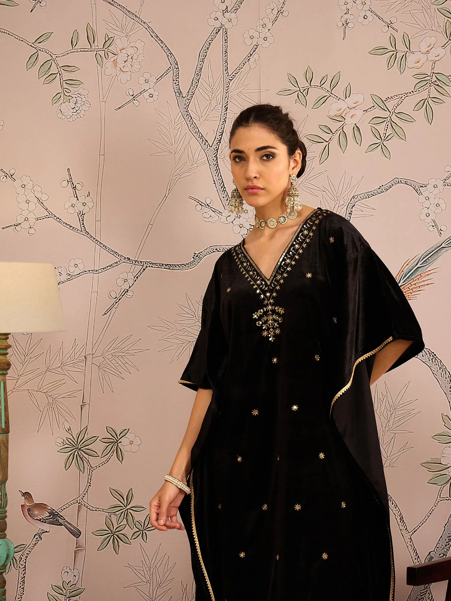 Black Velvet Embroidered Kaftan Kurta Set | Women's Kurta Sets