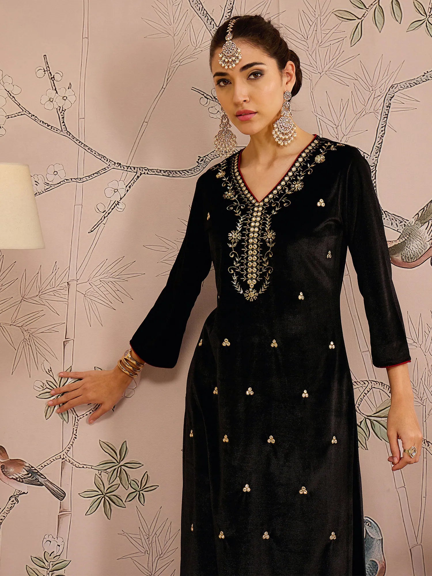 Black V Neck Embroidered Kurta Set | Designer Kurta Sets