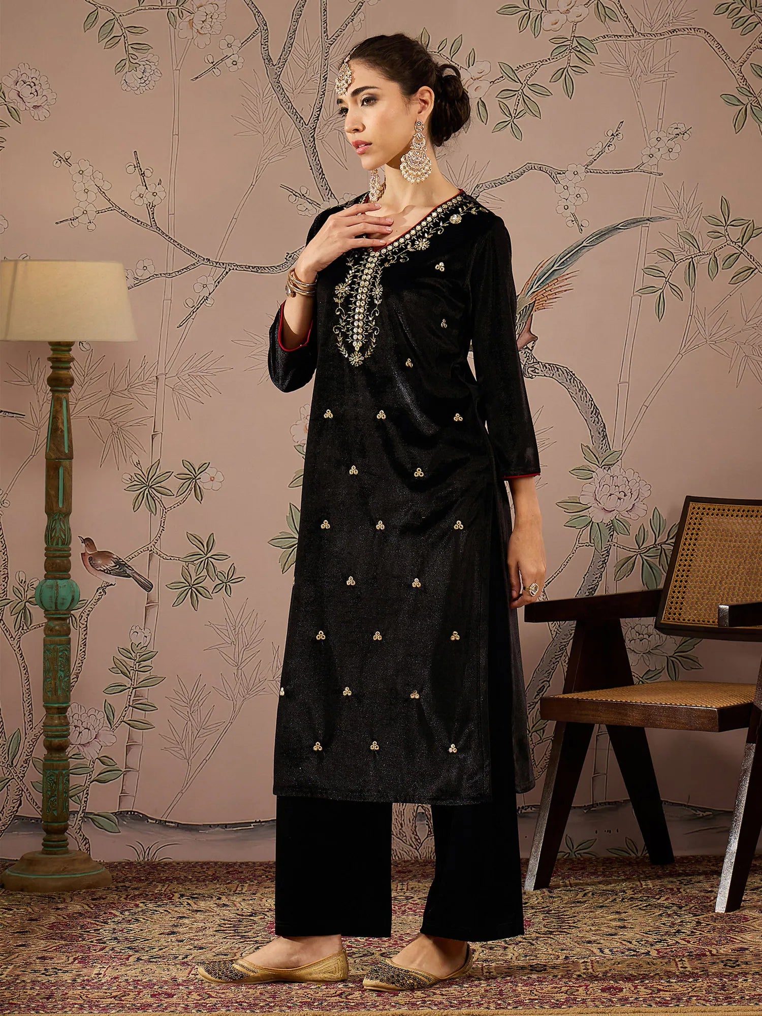 Black V Neck Embroidered Kurta Set | Designer Kurta Sets