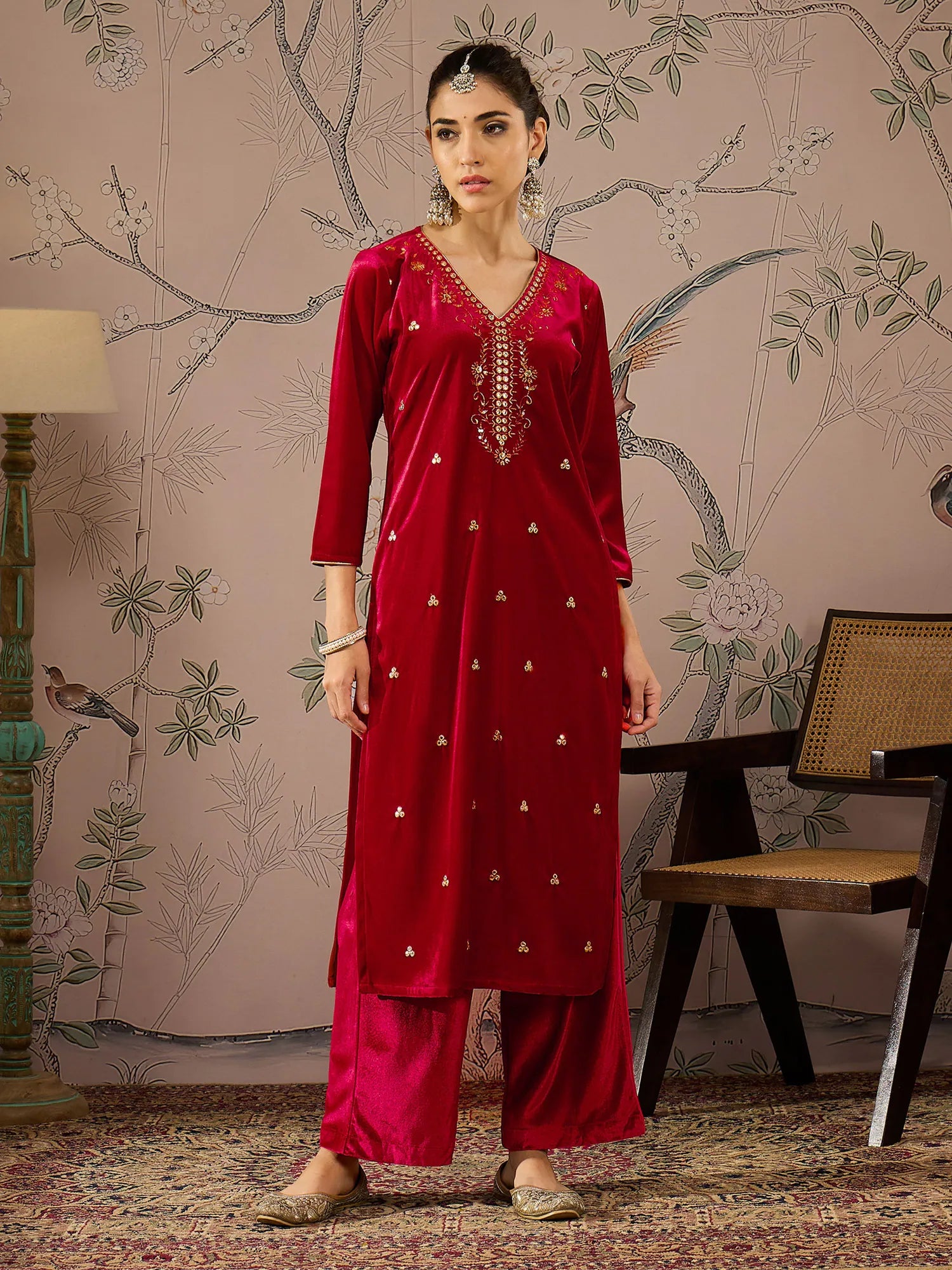 Red Velvet Embroidered V-Neck Indian Kurta | Ladies Kurtas