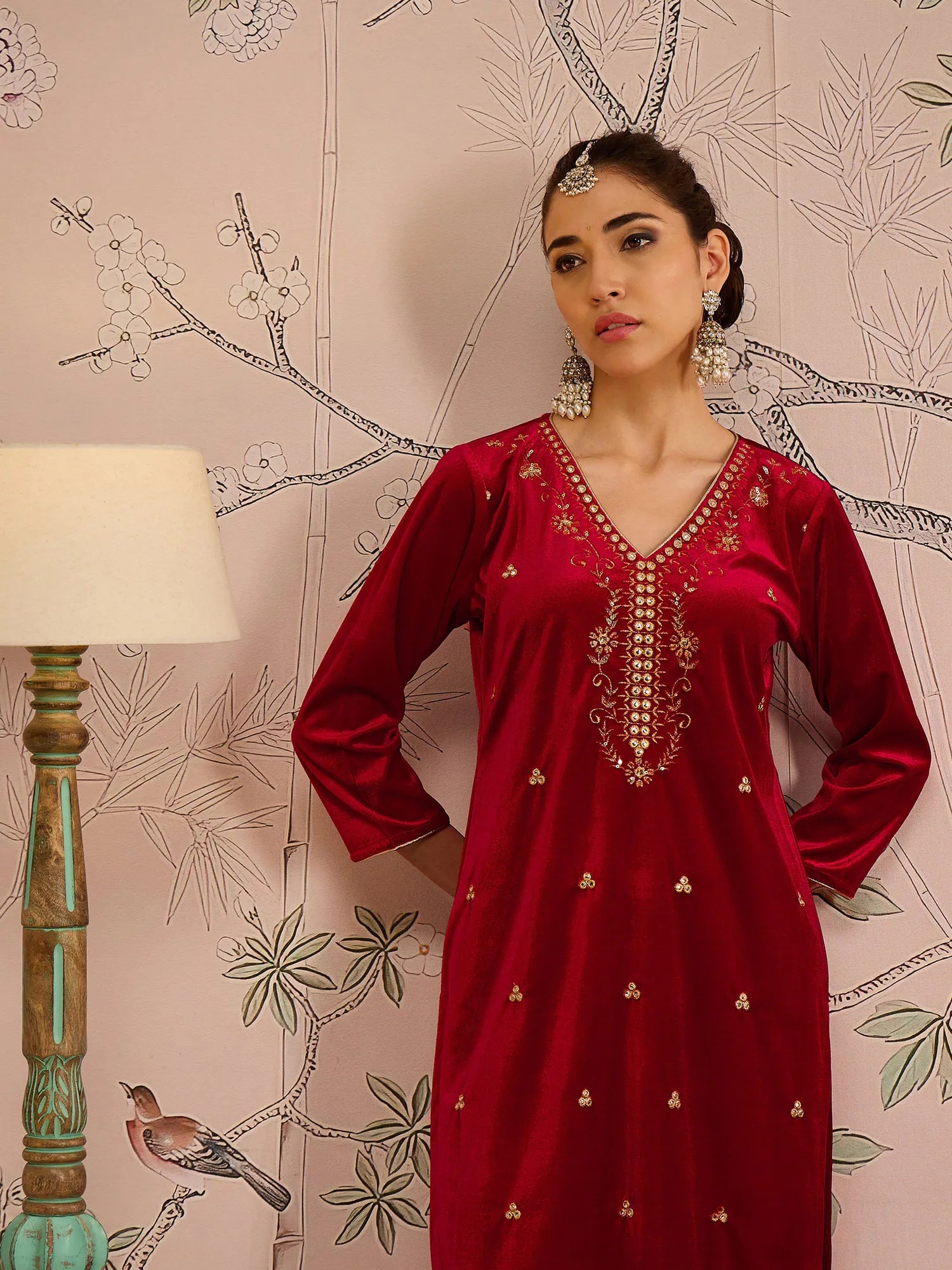 Red Velvet V Neck Embroidered Kurta Set | Women's Kurta Sets