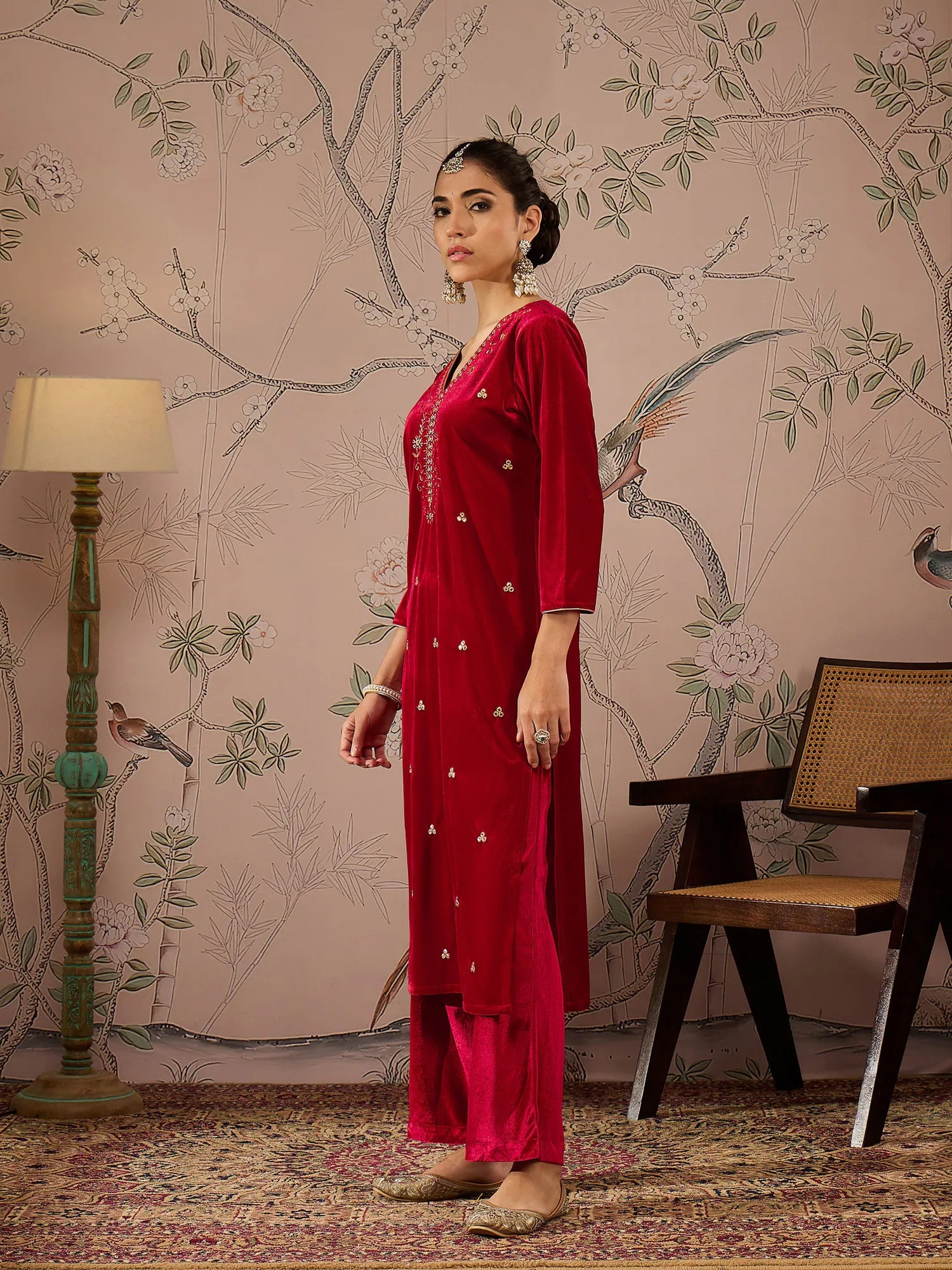 Red Velvet V Neck Embroidered Kurta Set | Women's Kurta Sets