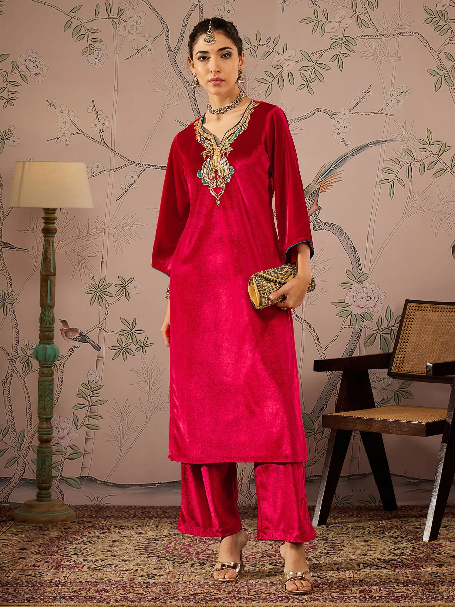 Red Velvet Embroidered Kurta Set | Women's Indian Kurta Sets