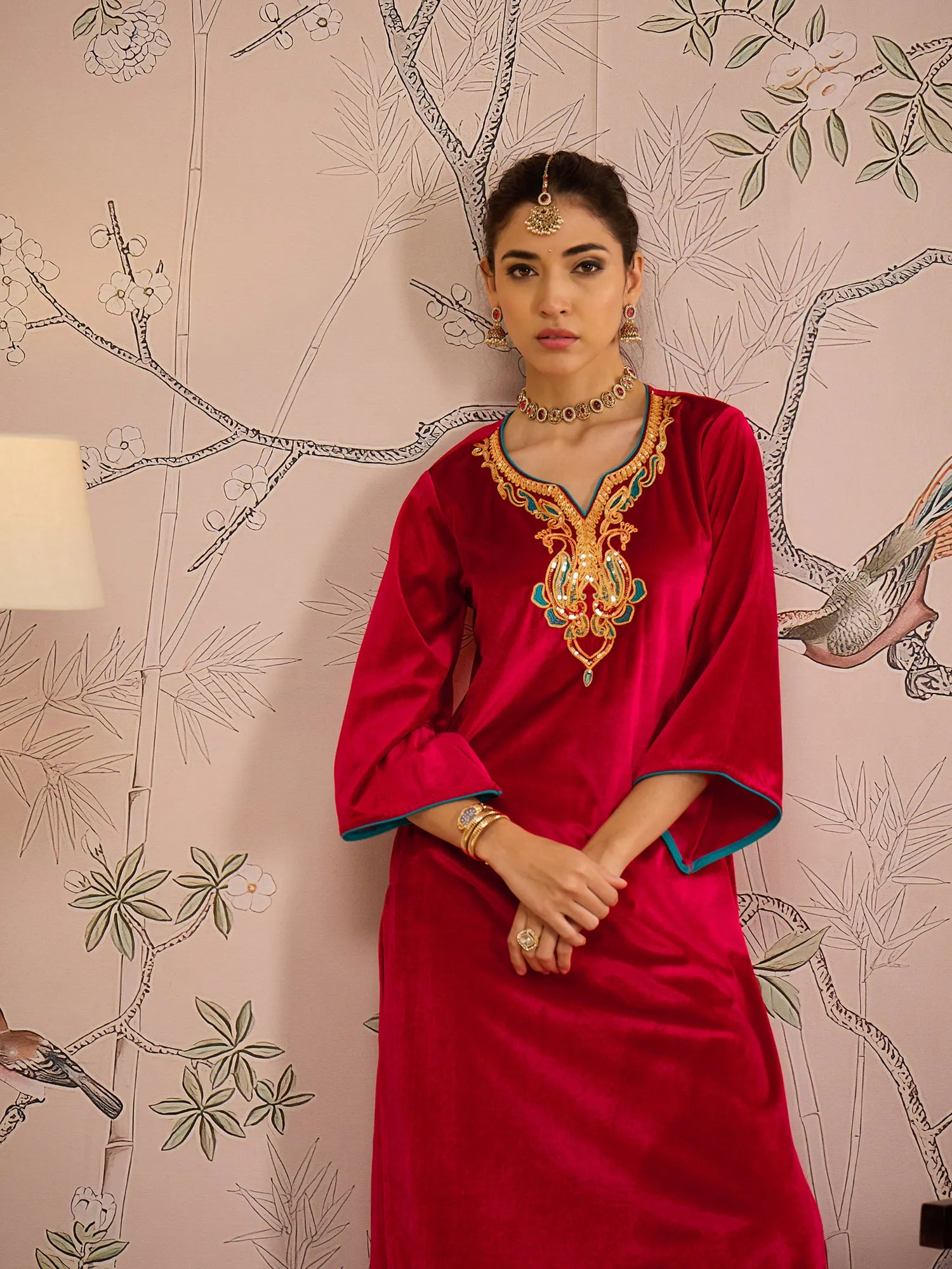 Red Velvet Embroidered Kurta Set | Women's Indian Kurta Sets