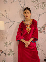 Women Red Velvet Embroidered Straight Kurta With Straight Pants-SHKUR00472_SHPANT50947