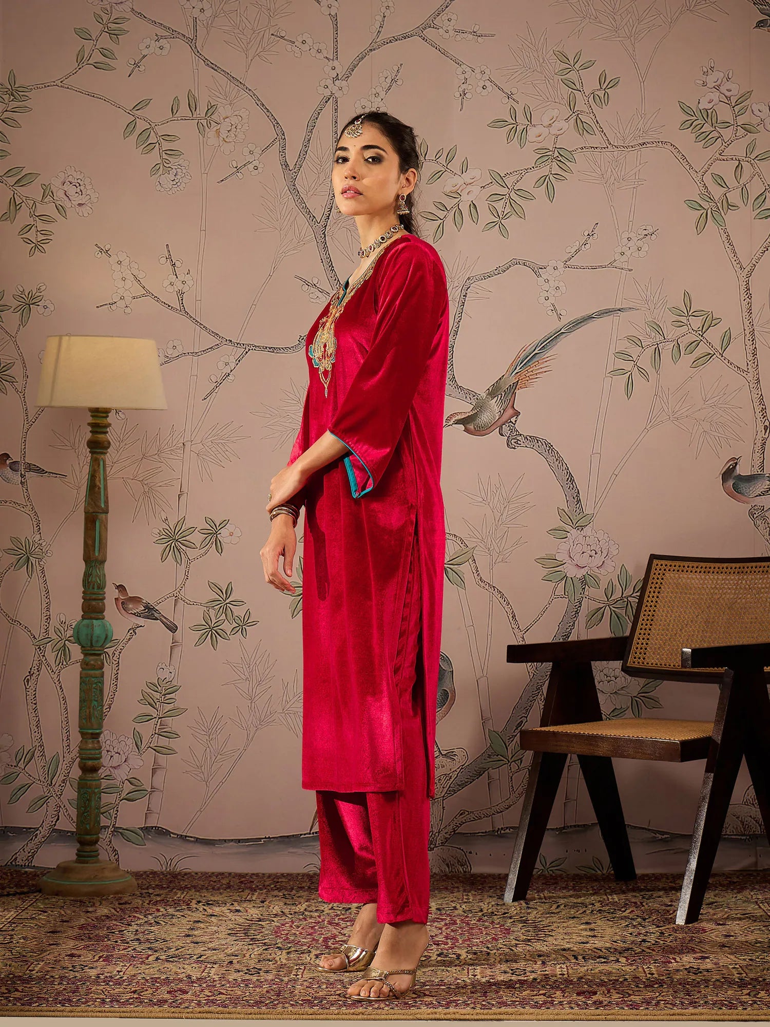 Red Velvet Embroidered Kurta Set | Women's Indian Kurta Sets