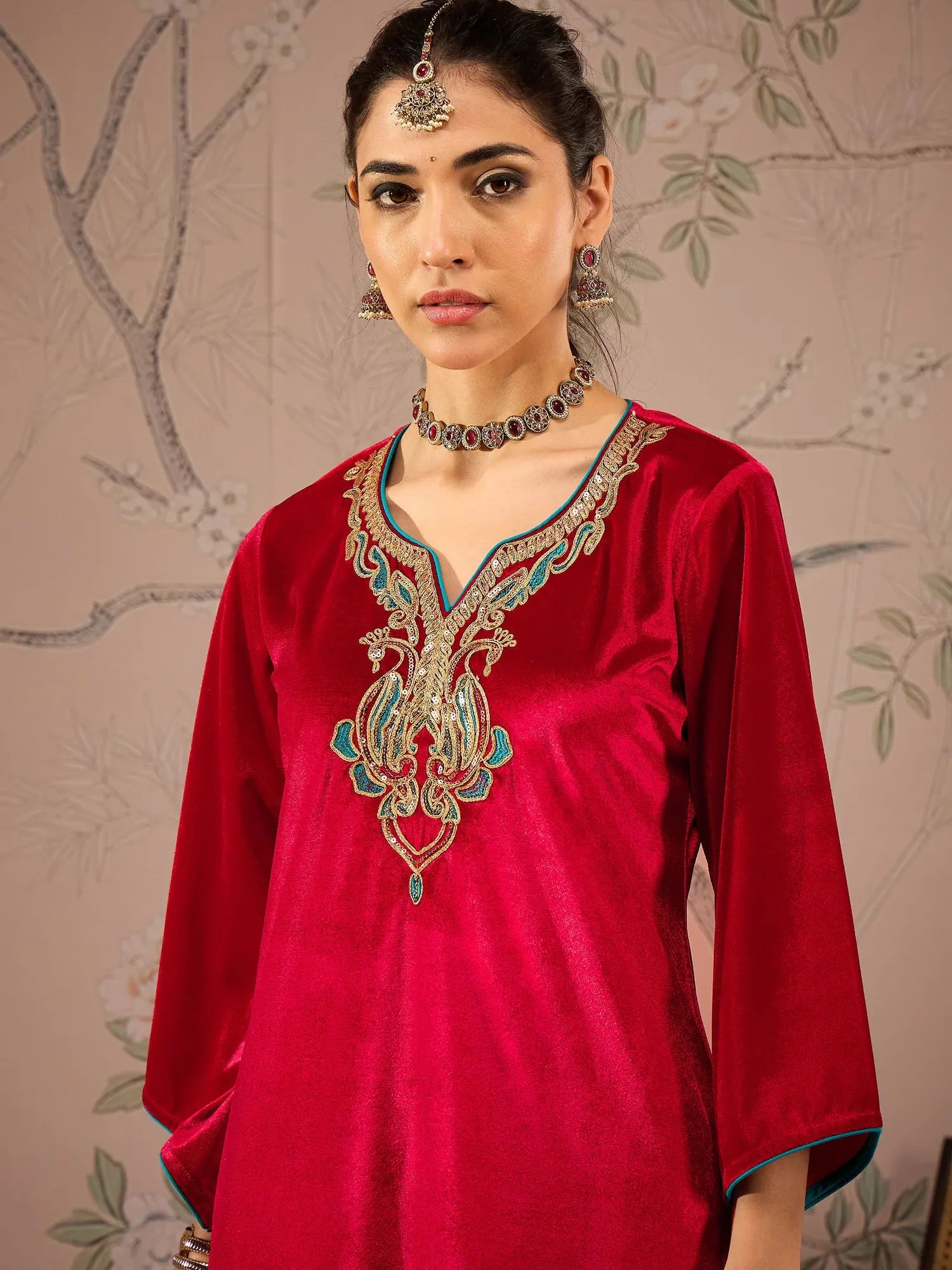 Red Velvet Embroidered Kurta Set | Women's Indian Kurta Sets