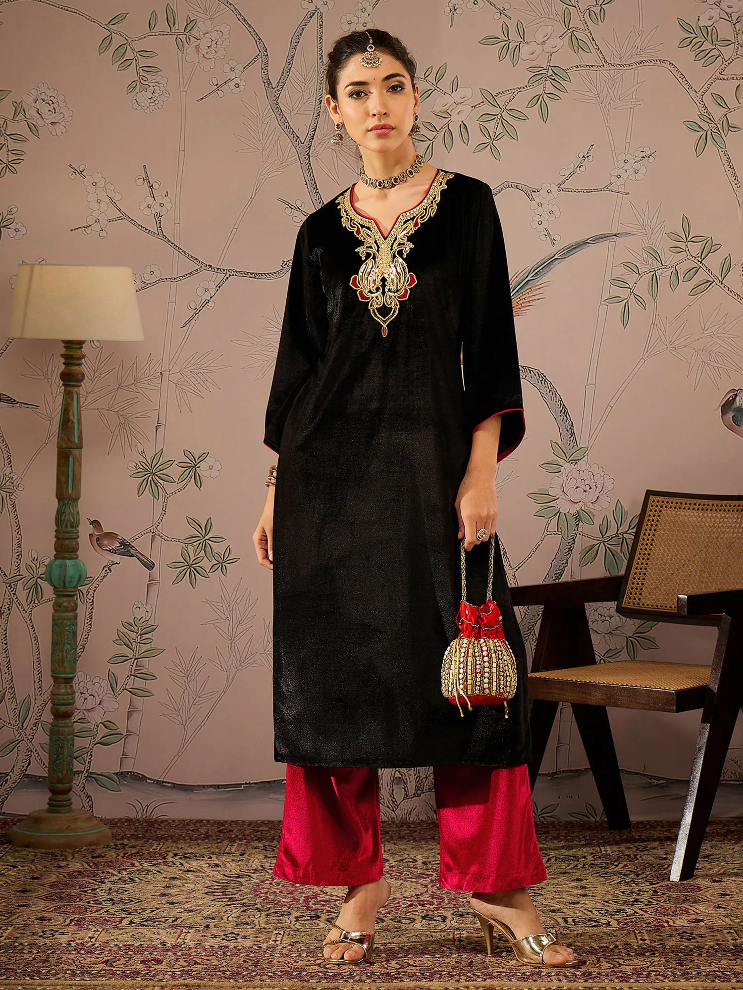 Black Velvet Embroidered Kurta with Red Pants | Kurta Sets