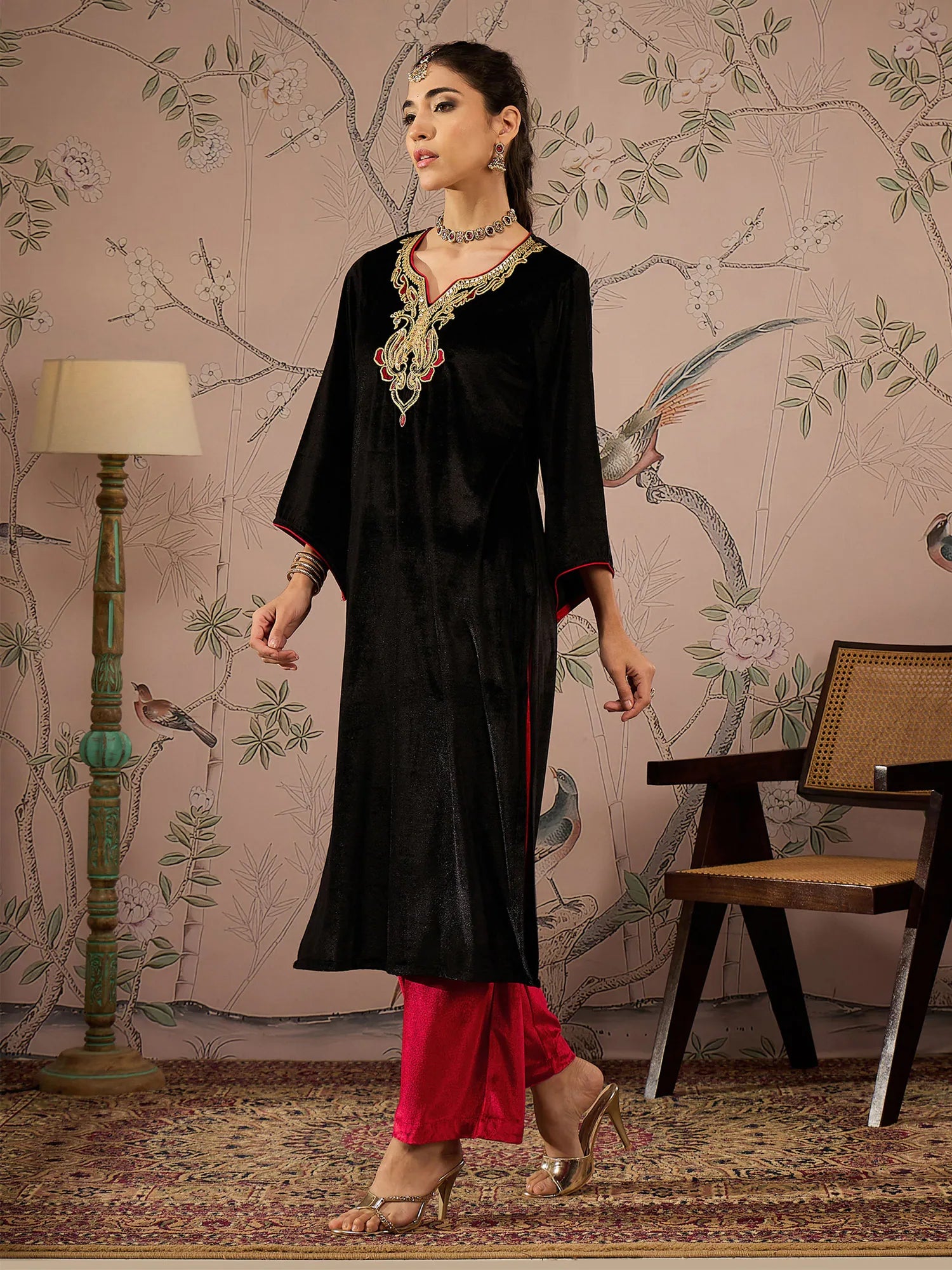 Black Velvet Embroidered Kurta with Red Pants | Kurta Sets