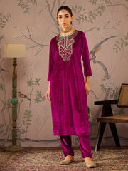 Women Fuchsia Velvet Embroidered Straight Kurta With Straight Pants-SHKUR00474_SHPAN50988