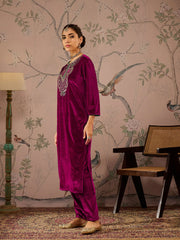 Women Fuchsia Velvet Embroidered Straight Kurta With Straight Pants-SHKUR00474_SHPAN50988