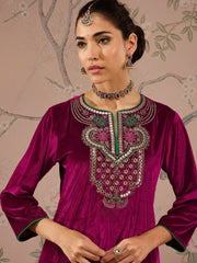 Women Fuchsia Velvet Embroidered Straight Kurta With Straight Pants-SHKUR00474_SHPAN50988