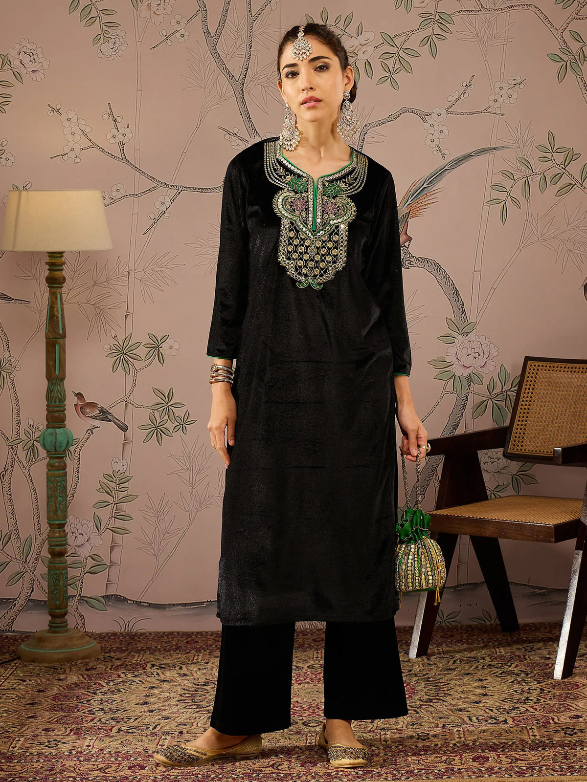 Women Black Velvet Front Embroidered Kurta With Straight Pants-SHKUR00475_SHPANT50948