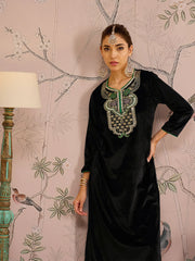 Women Black Velvet Front Embroidered Kurta With Straight Pants-SHKUR00475_SHPANT50948