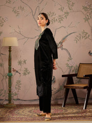 Women Black Velvet Front Embroidered Kurta With Straight Pants-SHKUR00475_SHPANT50948