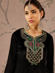 Women Black Velvet Front Embroidered Kurta With Straight Pants-SHKUR00475_SHPANT50948