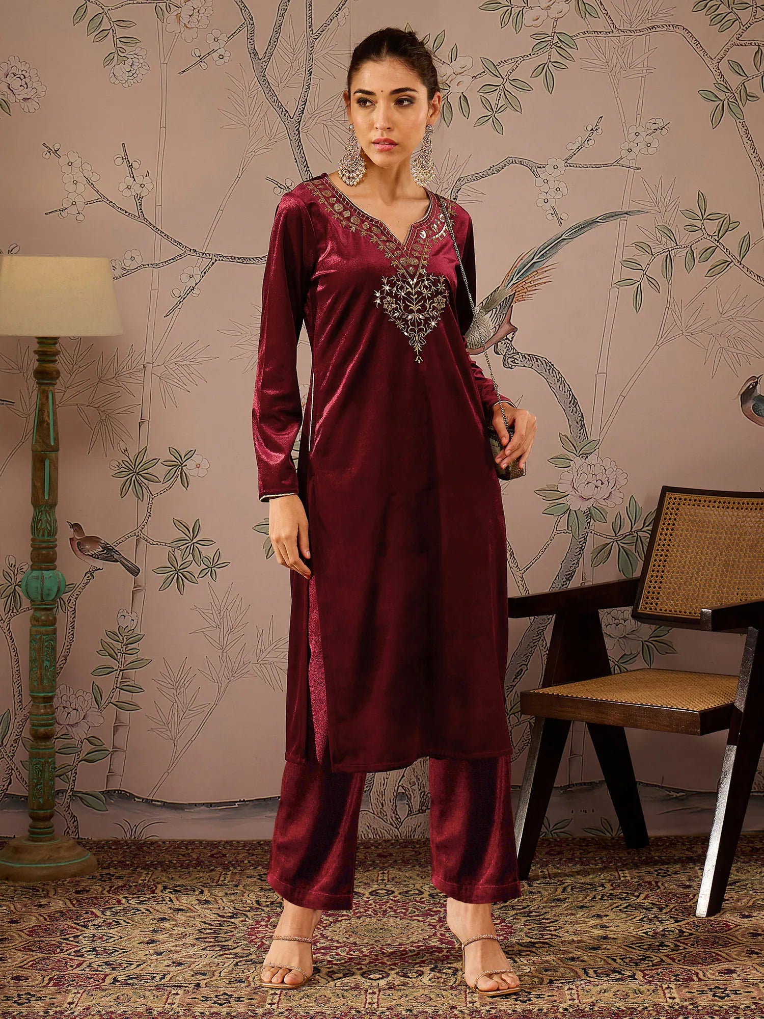 Maroon Velvet Embroidered Kurta Set | Women's Kurta Sets Online
