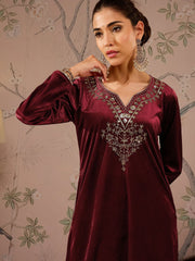 Women Maroon Velvet Embroidered Kurta With Straight Pants-SHKUR00476_SHPAN50989