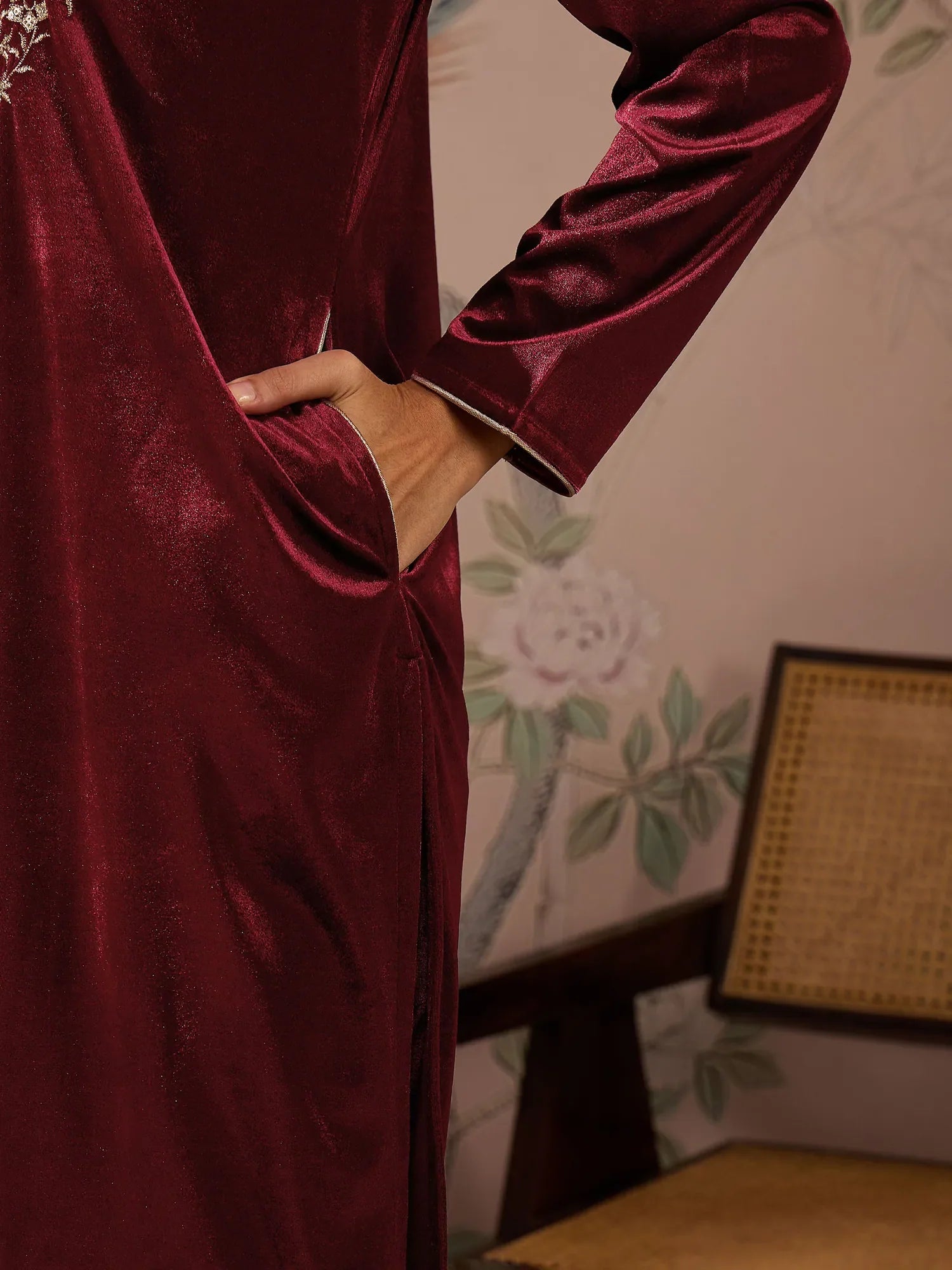 Maroon Velvet Embroidered Kurta Set | Women's Kurta Sets Online