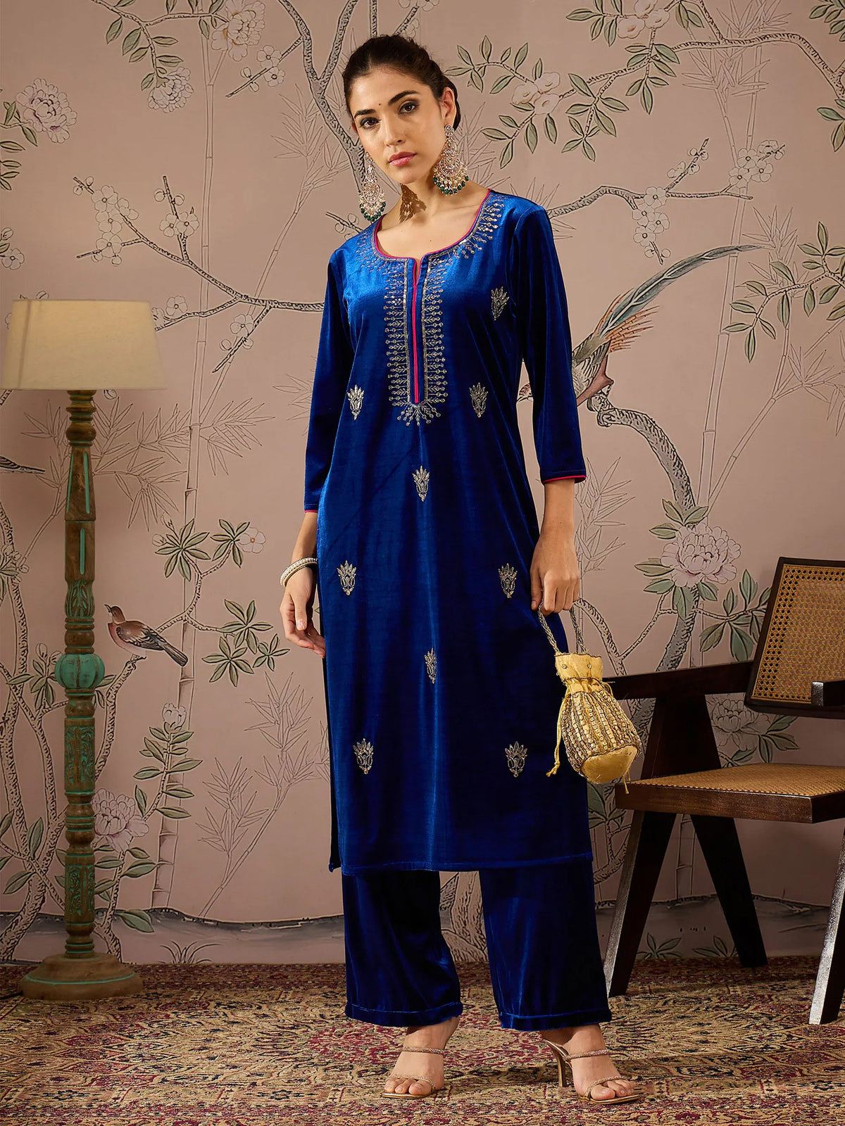 Women Royal Blue Embroidered Kurta With Straight Pants-SHKUR00478_SHPANT50946
