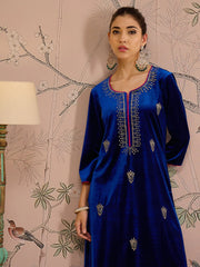 Women Royal Blue Embroidered Kurta With Straight Pants-SHKUR00478_SHPANT50946