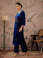 Women Royal Blue Embroidered Kurta With Straight Pants-SHKUR00478_SHPANT50946