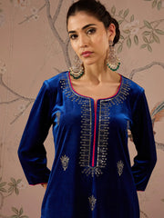 Women Royal Blue Embroidered Kurta With Straight Pants-SHKUR00478_SHPANT50946