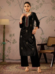 Women Black Velvet Embroidered Kurta With Straight Pants-SHKUR00479_SHPANT50948