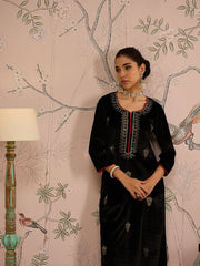 Women Black Velvet Embroidered Kurta With Straight Pants-SHKUR00479_SHPANT50948