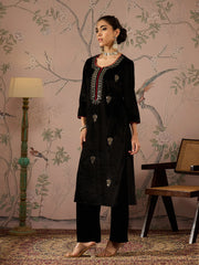 Women Black Velvet Embroidered Kurta With Straight Pants-SHKUR00479_SHPANT50948