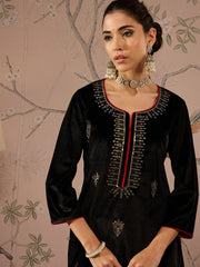 Women Black Velvet Embroidered Kurta With Straight Pants-SHKUR00479_SHPANT50948