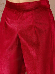 Women Red Velvet Round Neck Emroidered Kurta With Tulip Pants-SHKUR00481_SHPAN50987