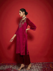 Women Fuchsia Velvet Round Neck Embroidered Kurta With Straight Pants-SHKUR00486_SHPAN50988