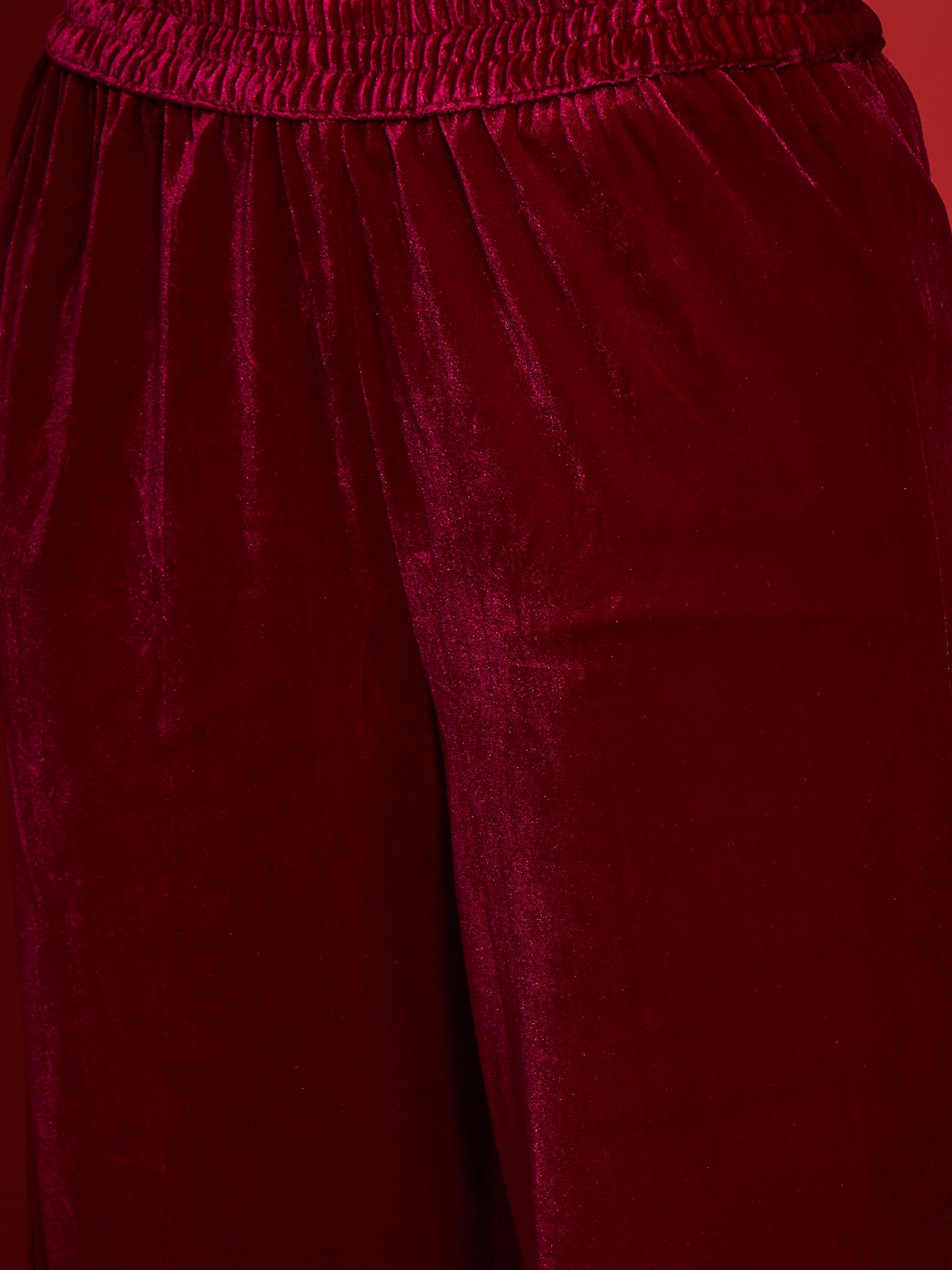 Women Fuchsia Velvet Round Neck Embroidered Kurta With Straight Pants-SHKUR00486_SHPAN50988