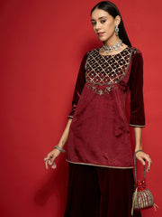 Women Maroon Velvet Front Embroidered Short Kurta-SHKUR00488